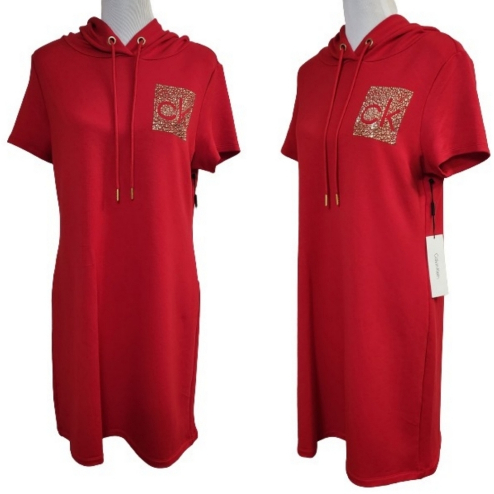🆕️Calvin Klein Red Short Sleeve Hoodie T-Shirt Dress With CK Logo
